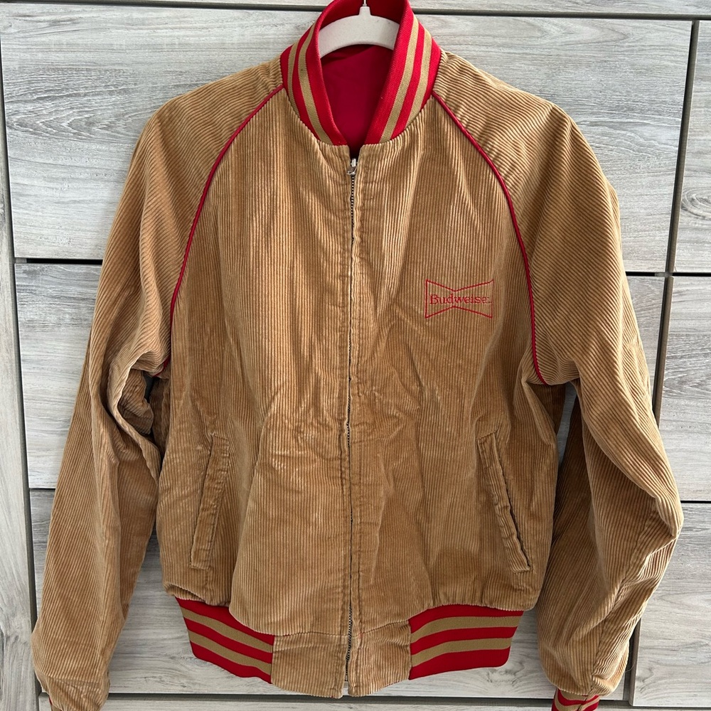 Vintage Reversible Budweiser Tan Corduroy Jacket with Red Trim